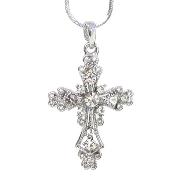 Whitegold plating crystal cross pendant necklace - Picture 3 of 3